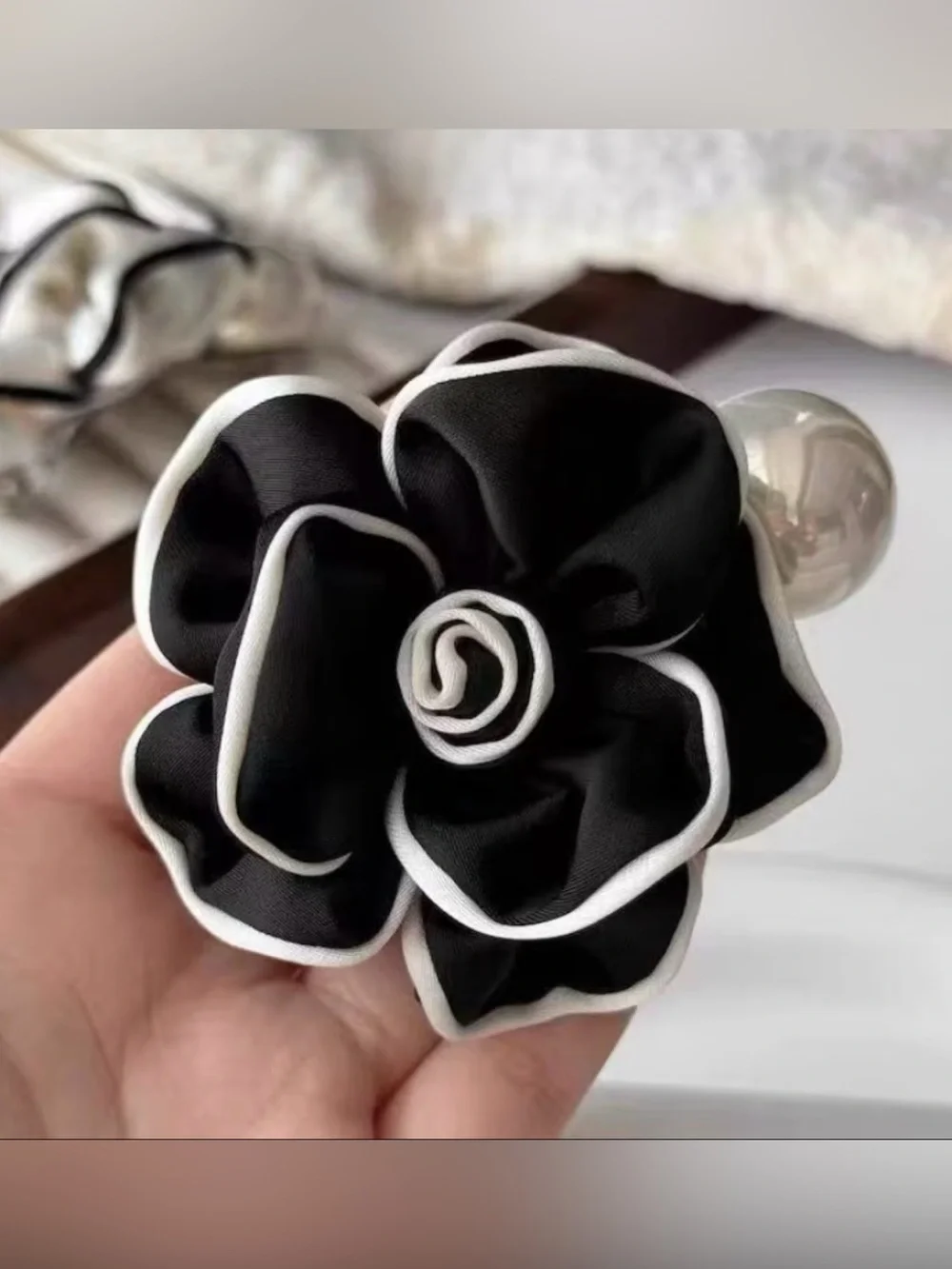 Camellia White -Trim Ivory Satin Flower Hair Clip With Faux Pearl Embellishment